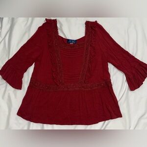 Red Ruffle Detail Top – Quarter Sleeve